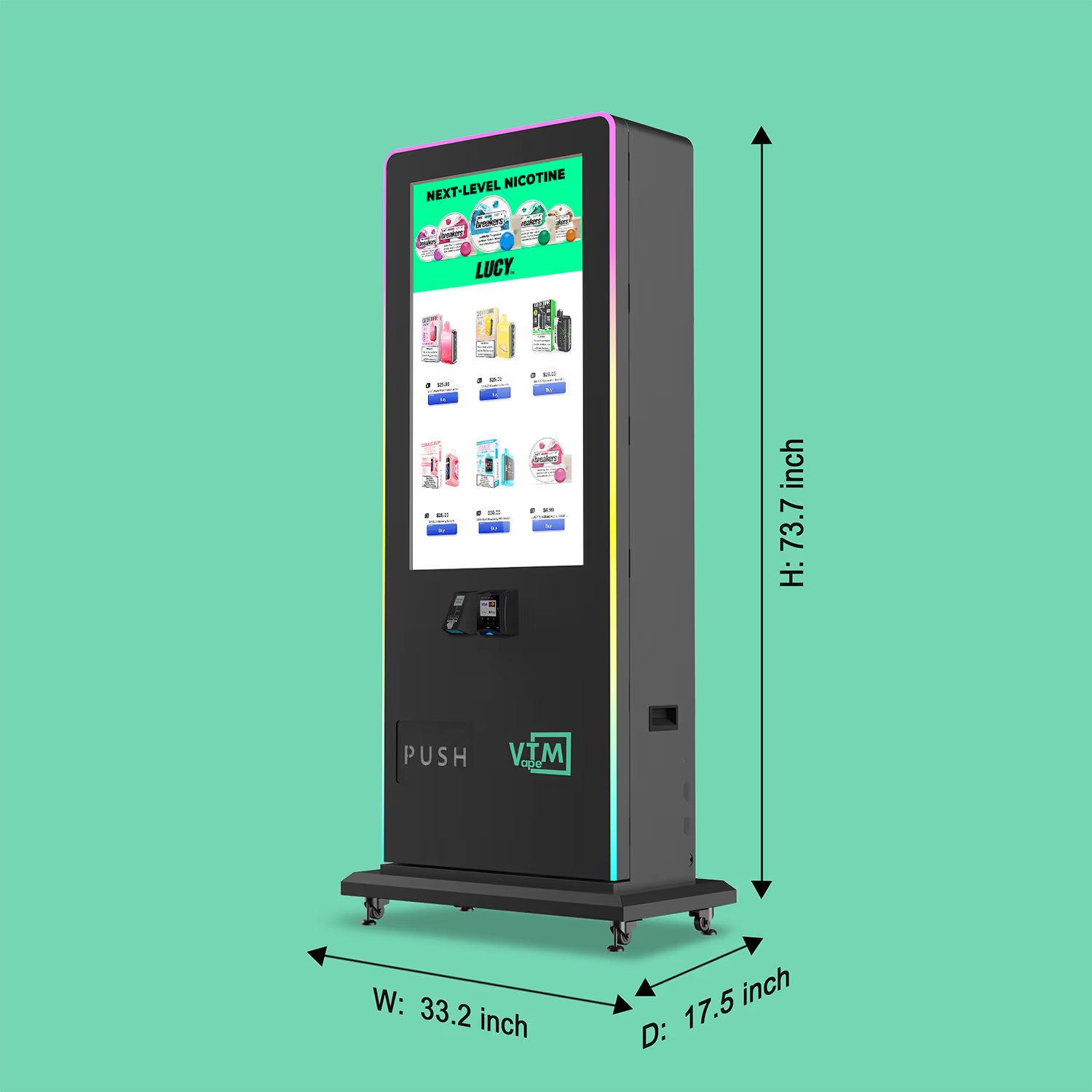 VTM Slim Tower 2.0 vape vending machine with dimensions, displaying vapes and Lucy Breakers nicotine pouches on Digital touchscreen with Nayax card reader and ID scanner