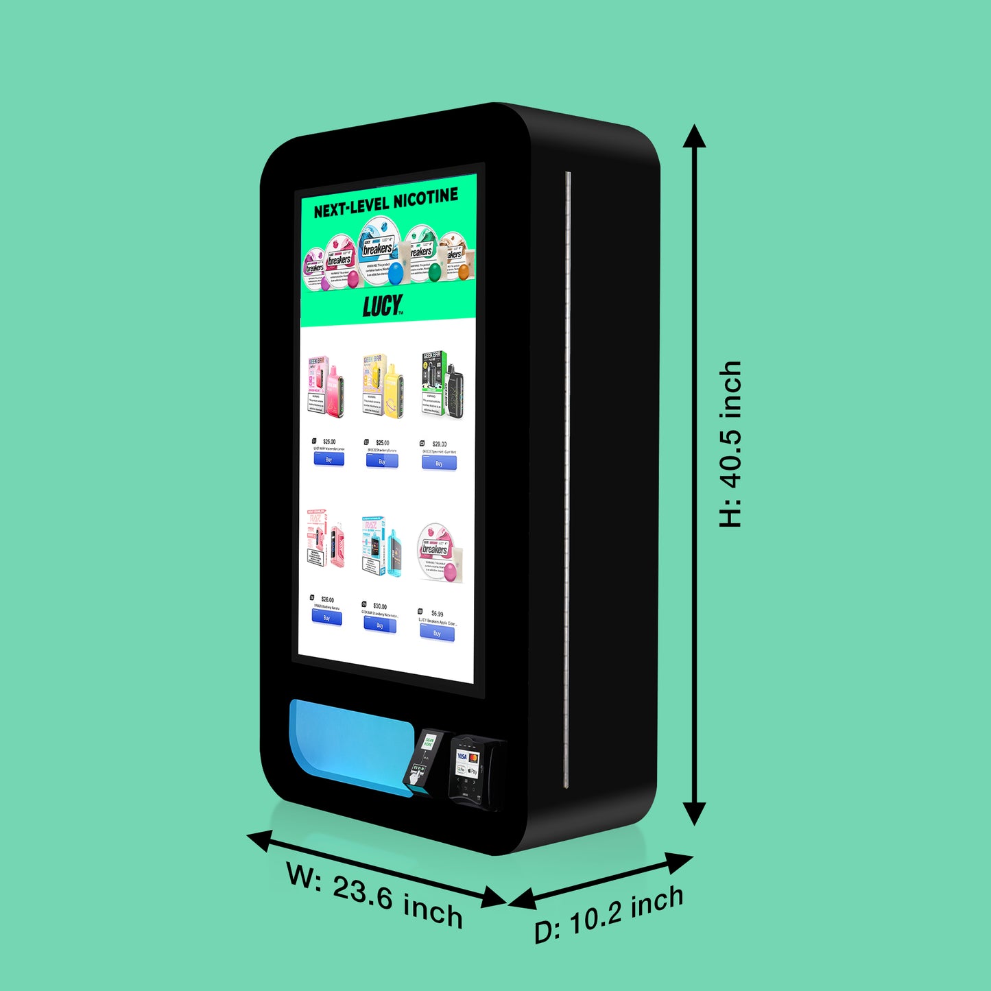 VTM Slim wall vape vending machine with a digital touch screen, Nayax card reader, and ID scanner size dimension