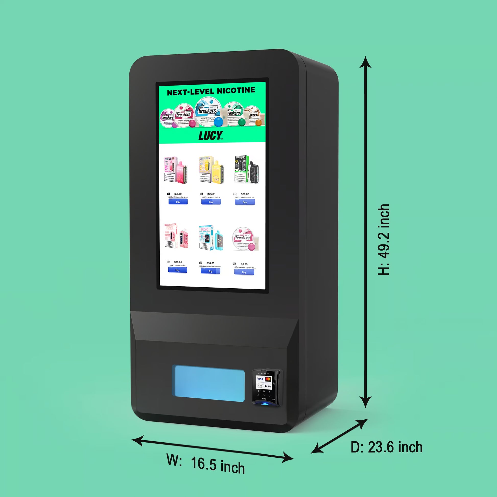 VapeTM Weather Wall size dimensions outdoor vape vending machine with Nayax card reader
