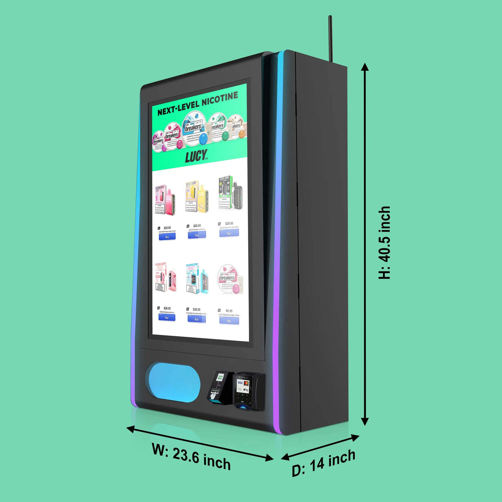 VTM mega wall 2.0 vape vending machine with a digital touch screen, Nayax card reader, and ID scanner size dimension