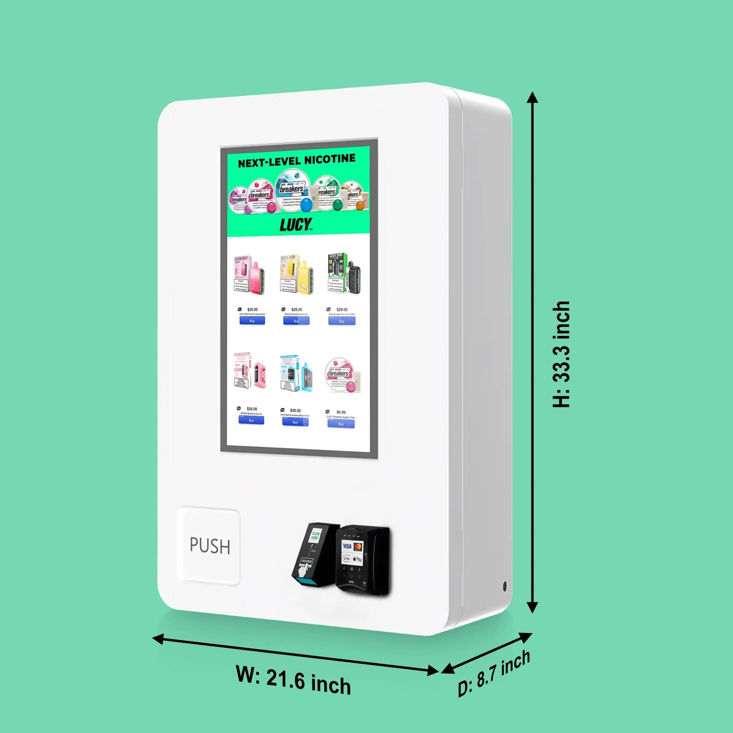 VTM mini wall vape vending machine with a digital touch screen, Nayax card reader, and ID scanner size dimension