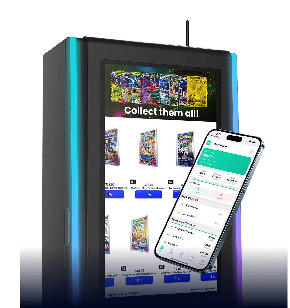 VTM Vending machine selling Pokémon TCG products with mobile app dashboard showing sales and inventory