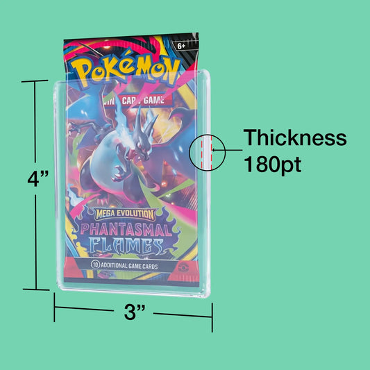 Clear transparent acrylic display case holding trading card and foil booster pack shown with dimension 4 by 3 inches and a thickness 180pt