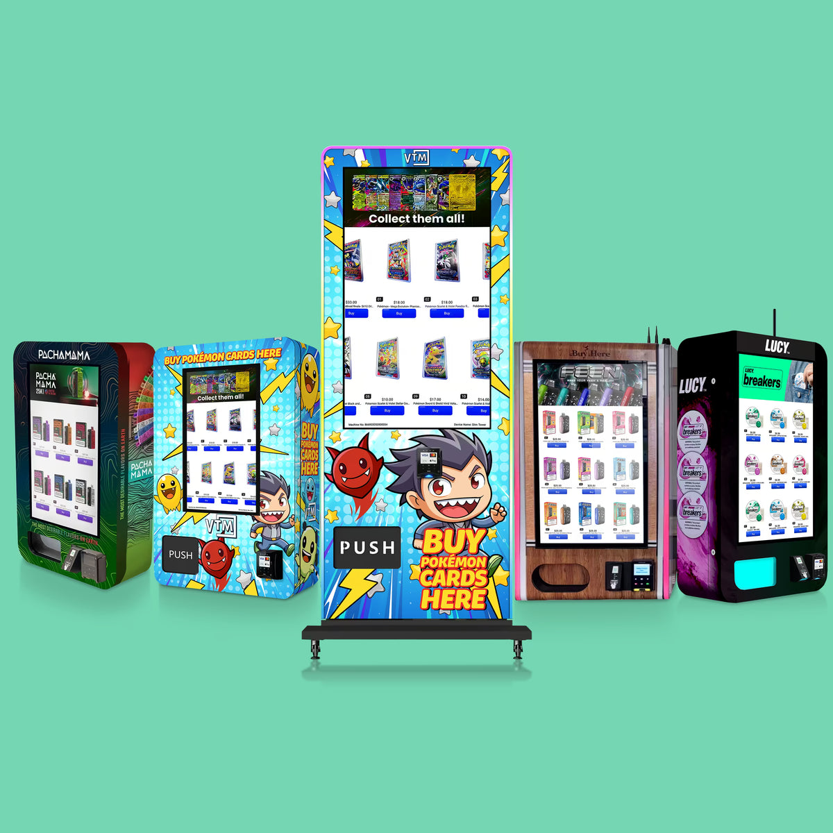 Custom vinyl wrap options for VTM vending machines including Pokemon, vape, and your own brand or product designs