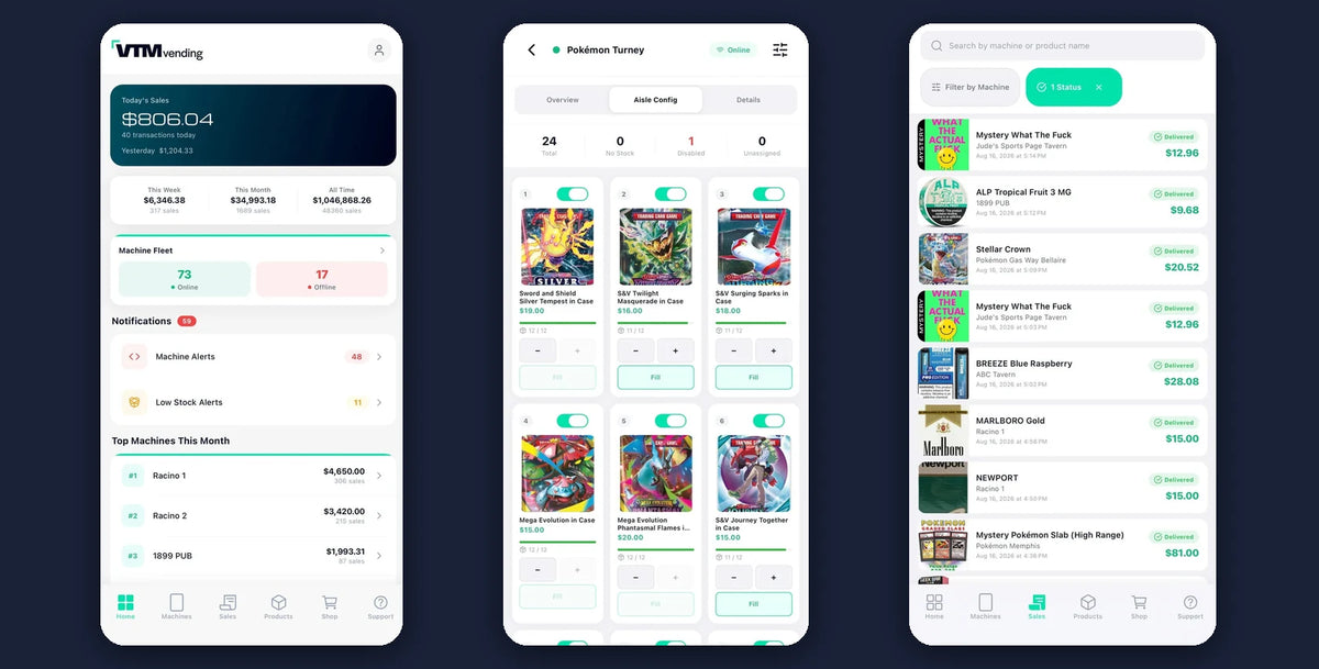 VTM Vending mobile app on three phone screens: daily sales and fleet status dashboard, Pokemon machine aisle configuration, and live sales feed filtered by machine