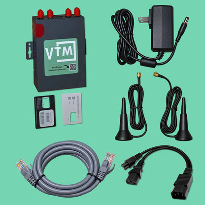 VTM Wireless Device cellular kit for vending machines: 4G LTE router with VTM logo and four antenna ports, Verizon and T-Mobile SIM cards, 12V power adapter, two magnetic mount antennas, ethernet cable, and IEC power splitter cable